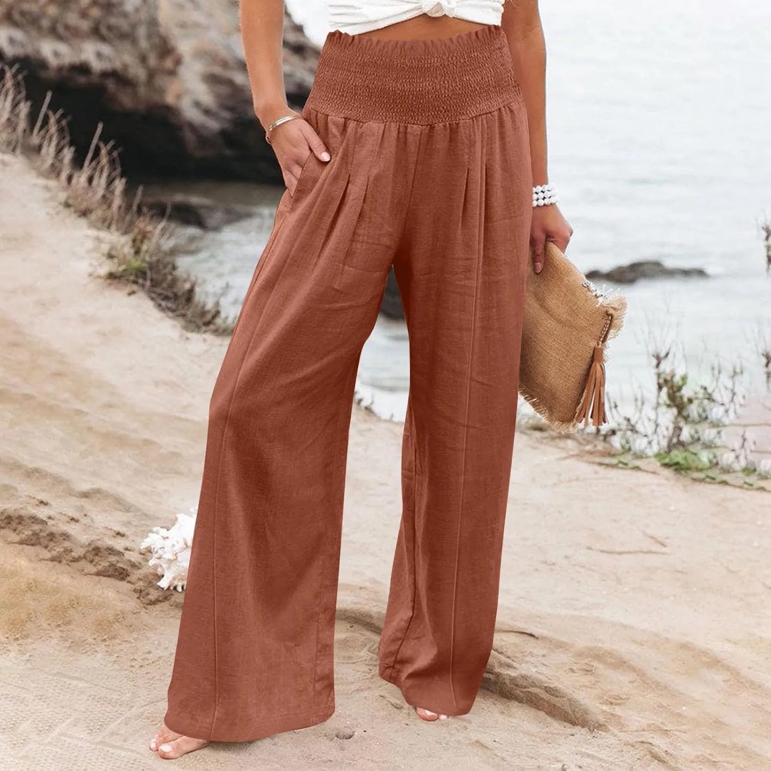 Women Cotton Linen Summer Printed Palazzo Pants High Waist Wide Leg Slim-Fit Trouser Work Business