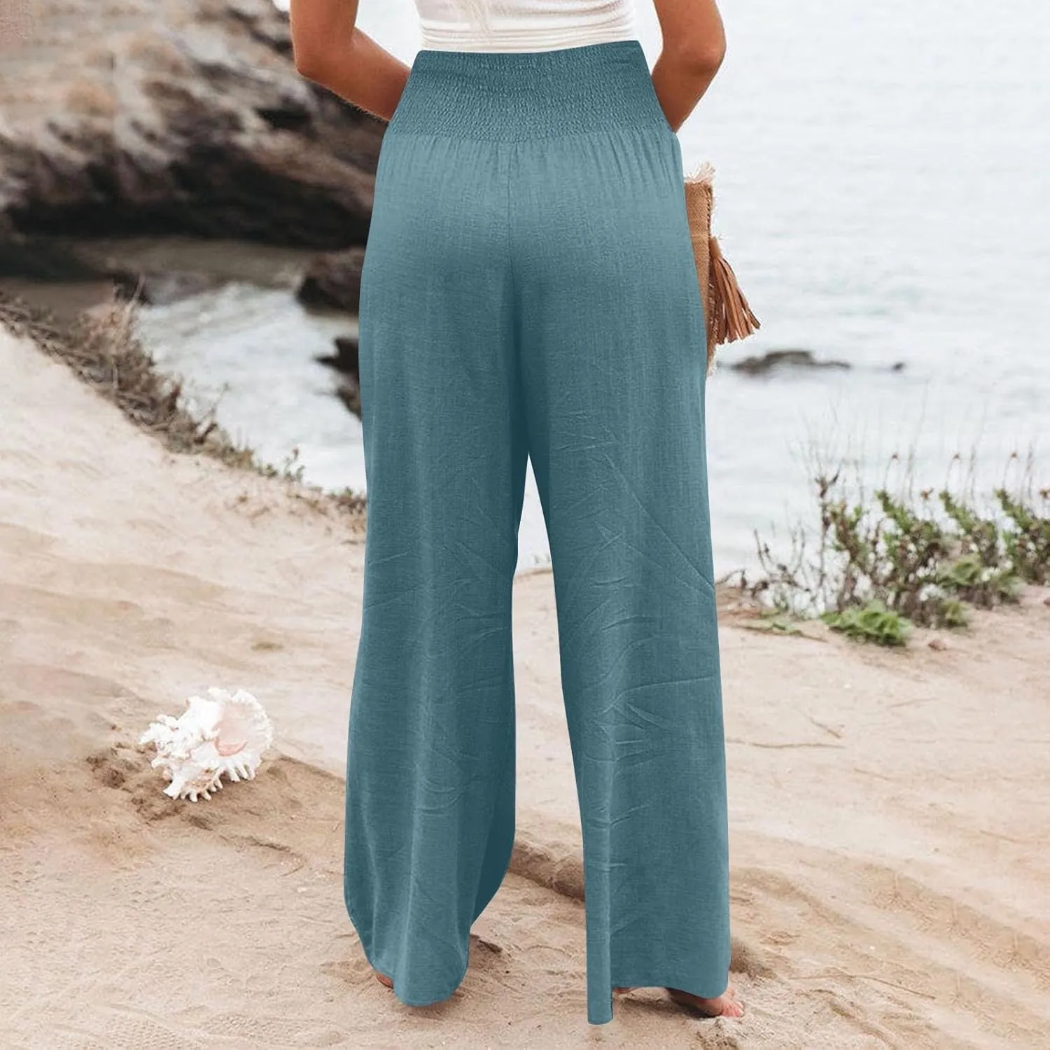 Women Cotton Linen Summer Printed Palazzo Pants High Waist Wide Leg Slim-Fit Trouser Work Business