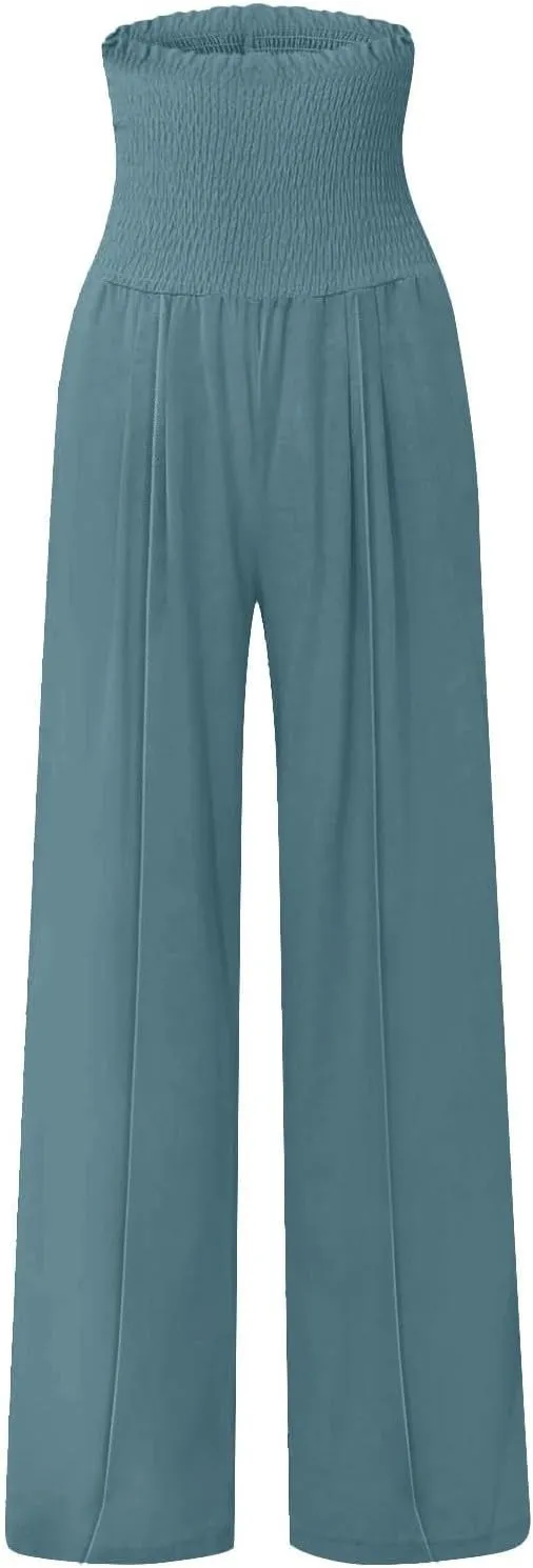 Women Cotton Linen Summer Printed Palazzo Pants High Waist Wide Leg Slim-Fit Trouser Work Business