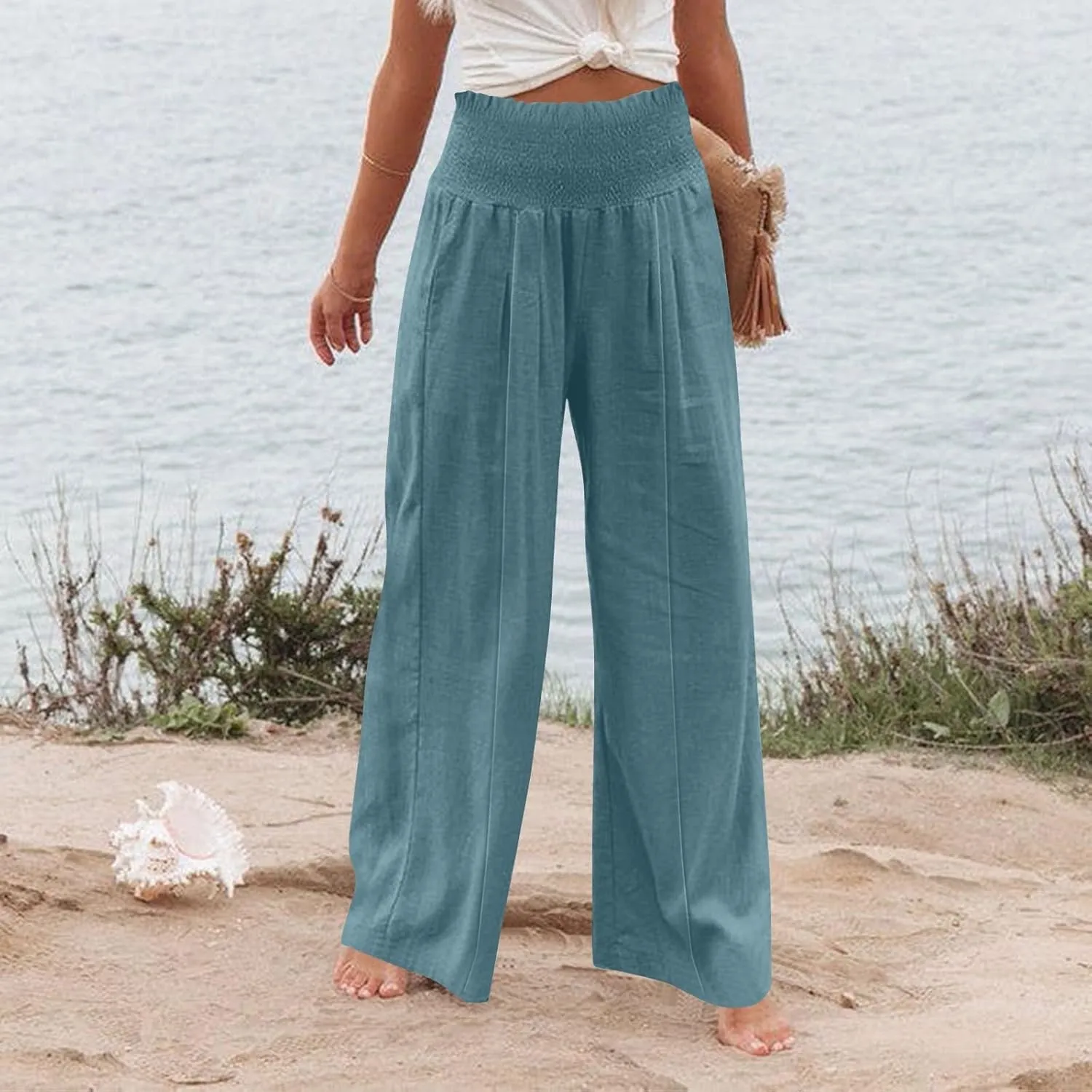 Women Cotton Linen Summer Printed Palazzo Pants High Waist Wide Leg Slim-Fit Trouser Work Business