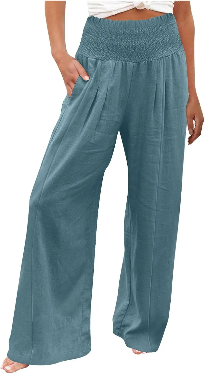 Women Cotton Linen Summer Printed Palazzo Pants High Waist Wide Leg Slim-Fit Trouser Work Business