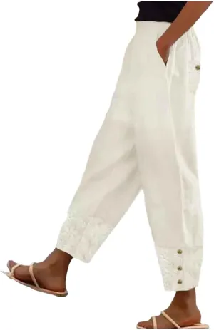 Women Cotton Linen Summer Y2K Fashion Pants Elastic Waist Wide Leg Loose Fit Palazzo Lounge Pants Beach