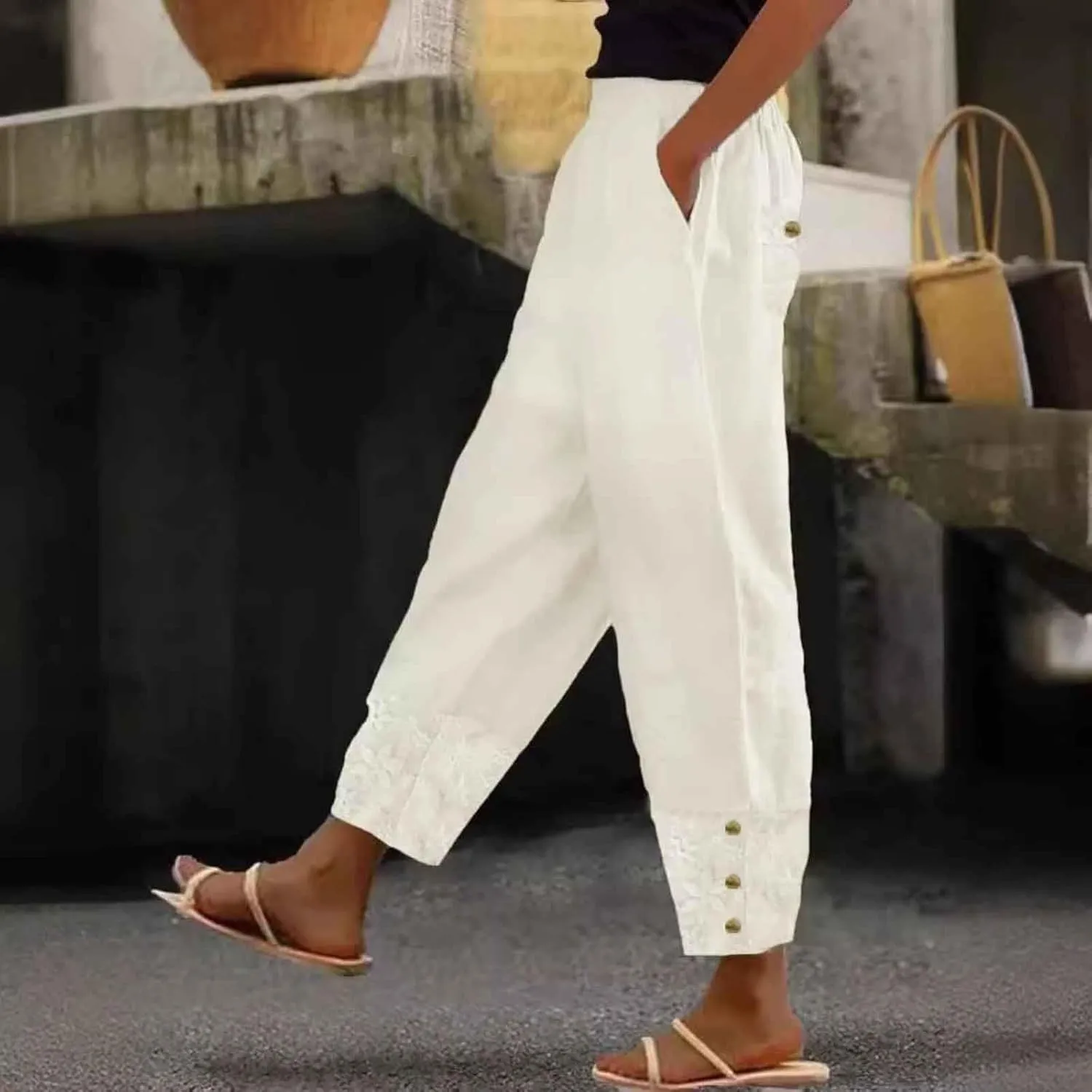 Women Cotton Linen Summer Y2K Fashion Pants Elastic Waist Wide Leg Loose Fit Palazzo Lounge Pants Beach