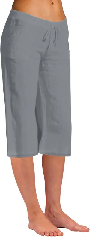 Women Fashion Solid Color Cotton Elastic Long Pants Beach Leisure Trousers Crop Length Pants Linen