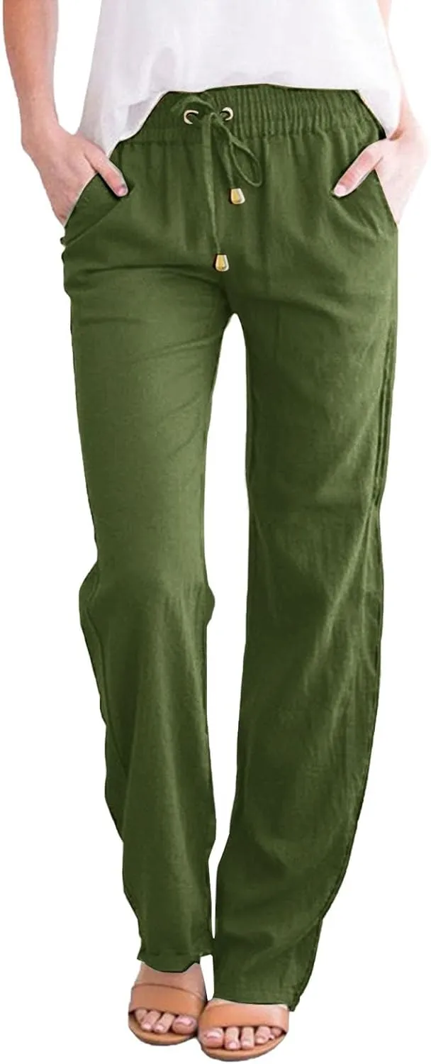 Women Fashion Summer Straight Pants Cotton Linen Solid Color Trousers Wide Leg Long Pants Plus Size Pants with