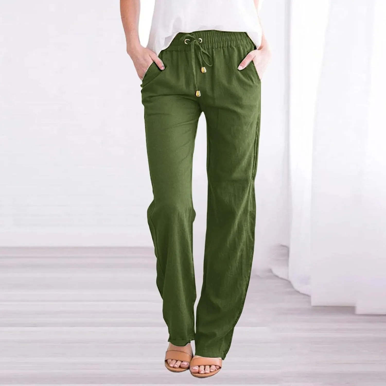 Women Fashion Summer Straight Pants Cotton Linen Solid Color Trousers Wide Leg Long Pants Plus Size Pants with