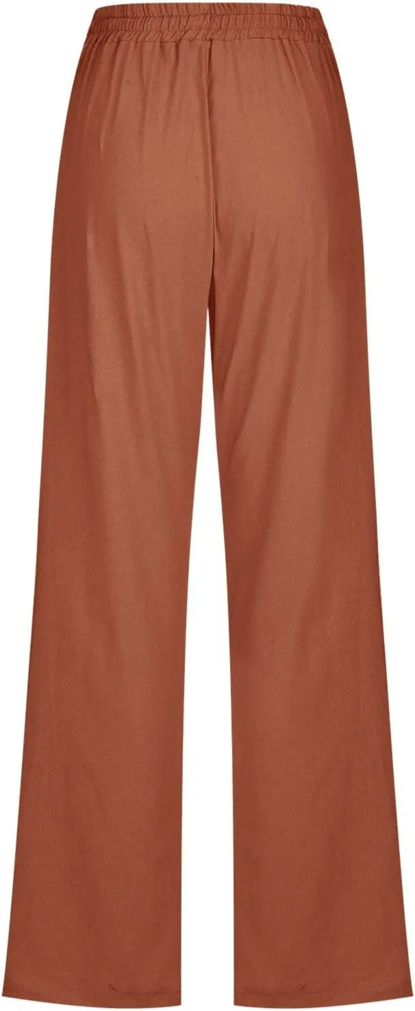 Women High Waist Cotton Linen Pants Straight Leg Casual Pants Loose Summer Beach Lightweight Drawstring Trousers with Pockets