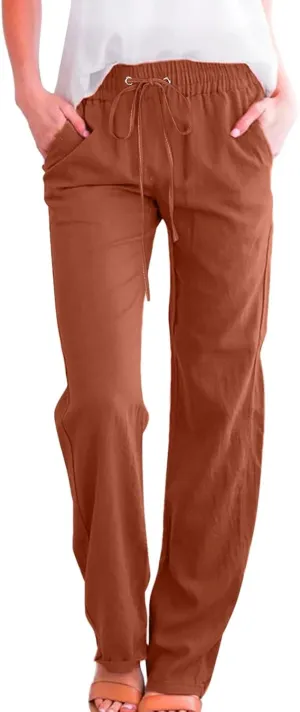 Women High Waist Cotton Linen Pants Straight Leg Casual Pants Loose Summer Beach Lightweight Drawstring Trousers with Pockets