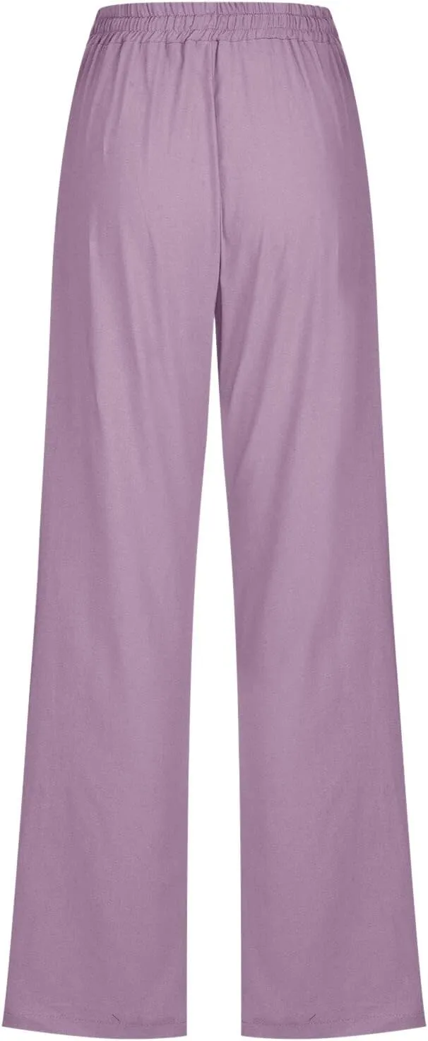 Women High Waist Cotton Linen Pants Straight Leg Casual Pants Loose Summer Beach Lightweight Drawstring Trousers with Pockets