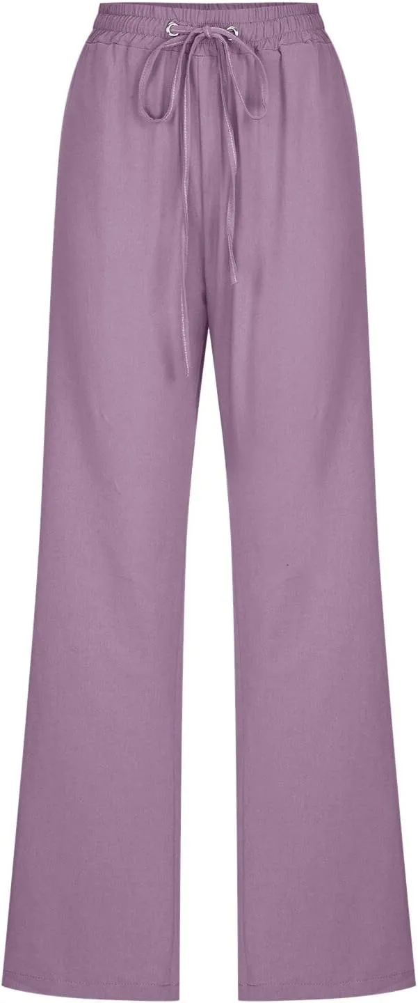Women High Waist Cotton Linen Pants Straight Leg Casual Pants Loose Summer Beach Lightweight Drawstring Trousers with Pockets