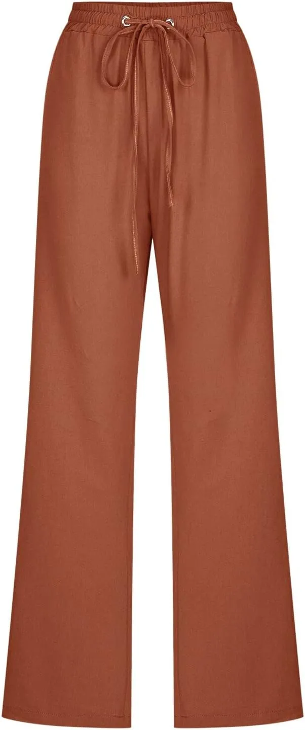 Women High Waist Cotton Linen Pants Straight Leg Casual Pants Loose Summer Beach Lightweight Drawstring Trousers with Pockets