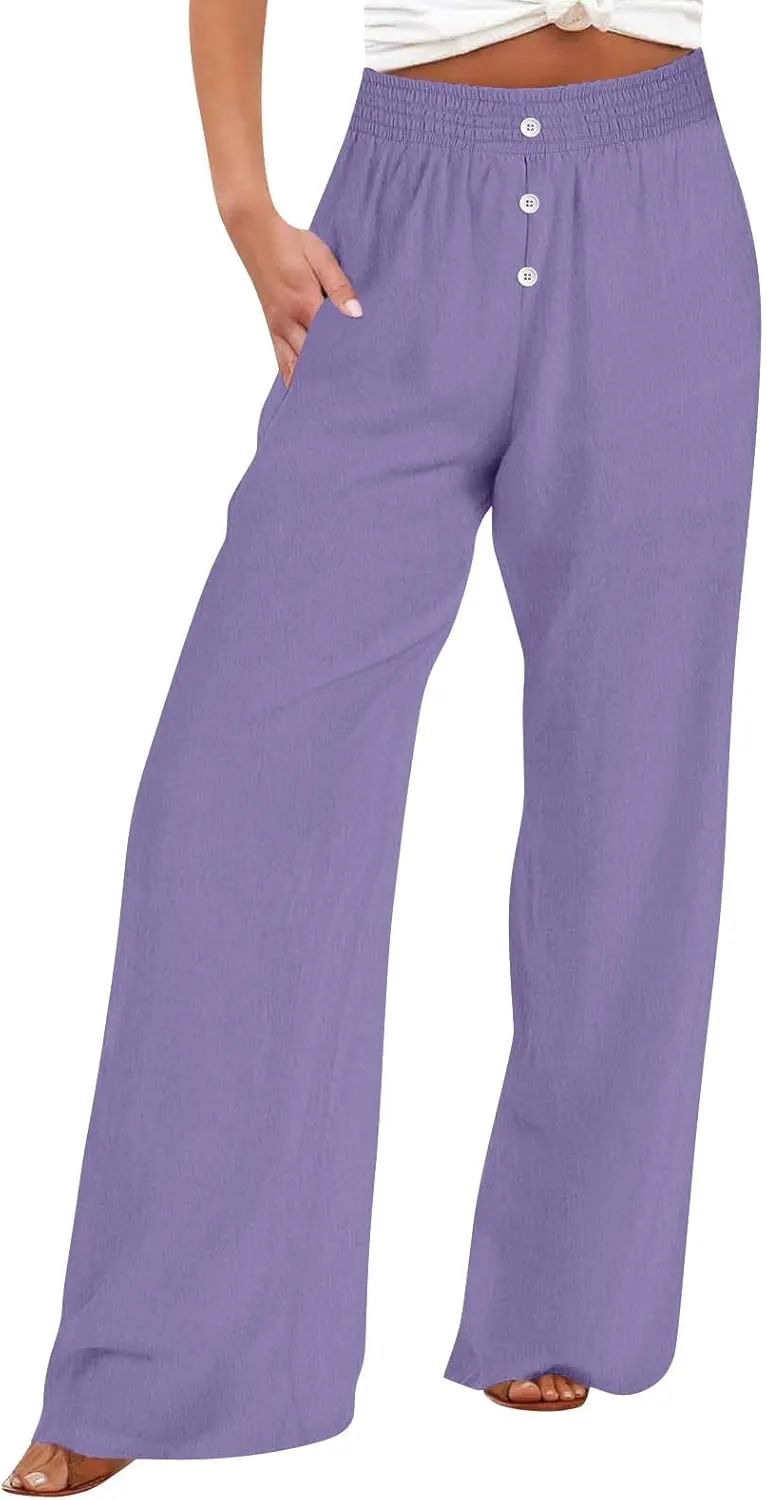 Women High Waist Wide Leg Linen Palazzo Pants with Pockets Loose Summer Button Elastic Waist Beach Lounge Trousers