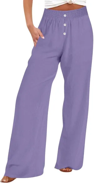 Women High Waist Wide Leg Linen Palazzo Pants with Pockets Loose Summer Button Elastic Waist Beach Lounge Trousers