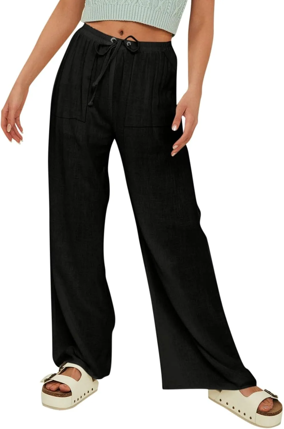 Women Linen Baggy Harem Pants Elastic High Waist Loose Slit Cropped Pants with Pockets with Pockets Women's Beach