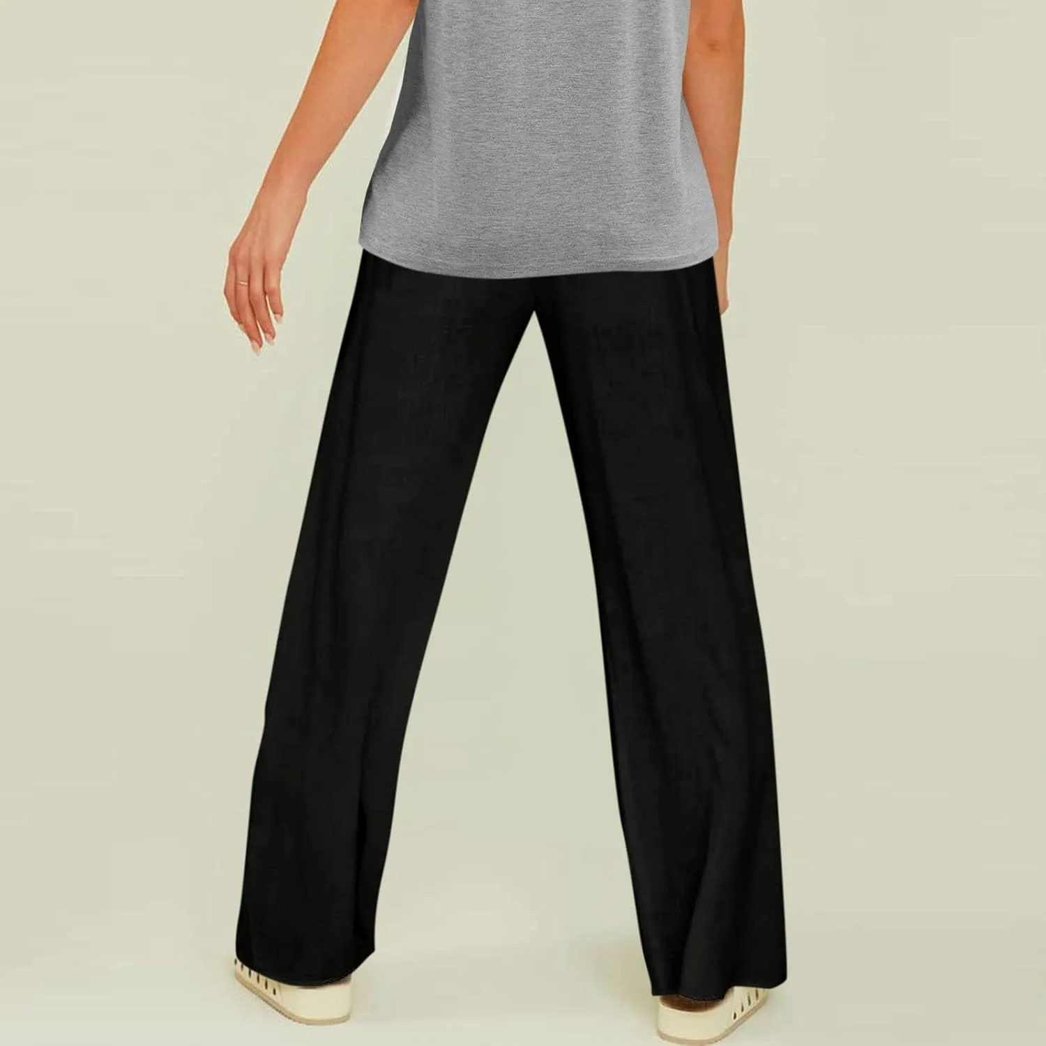 Women Linen Baggy Harem Pants Elastic High Waist Loose Slit Cropped Pants with Pockets with Pockets Women's Beach