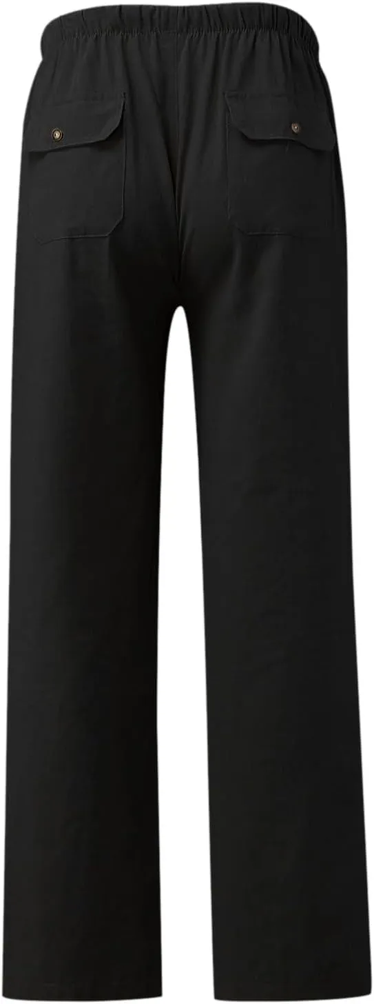 Women Linen Baggy Harem Pants Elastic High Waist Loose Slit Cropped Pants with Pockets with Pockets Women's Beach