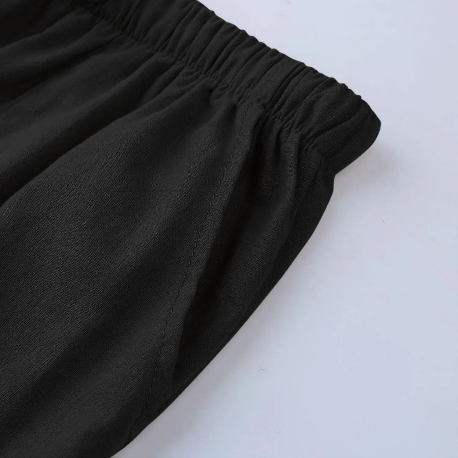 Women Linen Baggy Harem Pants Elastic High Waist Loose Slit Cropped Pants with Pockets with Pockets Women's Beach
