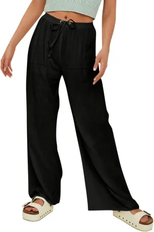 Women Linen Baggy Harem Pants Elastic High Waist Loose Slit Cropped Pants with Pockets with Pockets Women's Beach