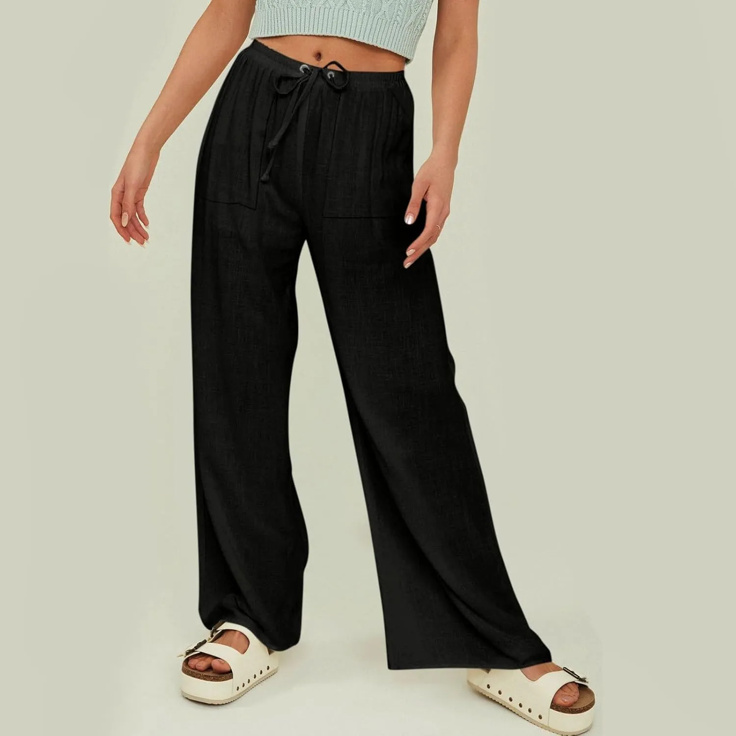 Women Linen Baggy Harem Pants Elastic High Waist Loose Slit Cropped Pants with Pockets with Pockets Women's Beach