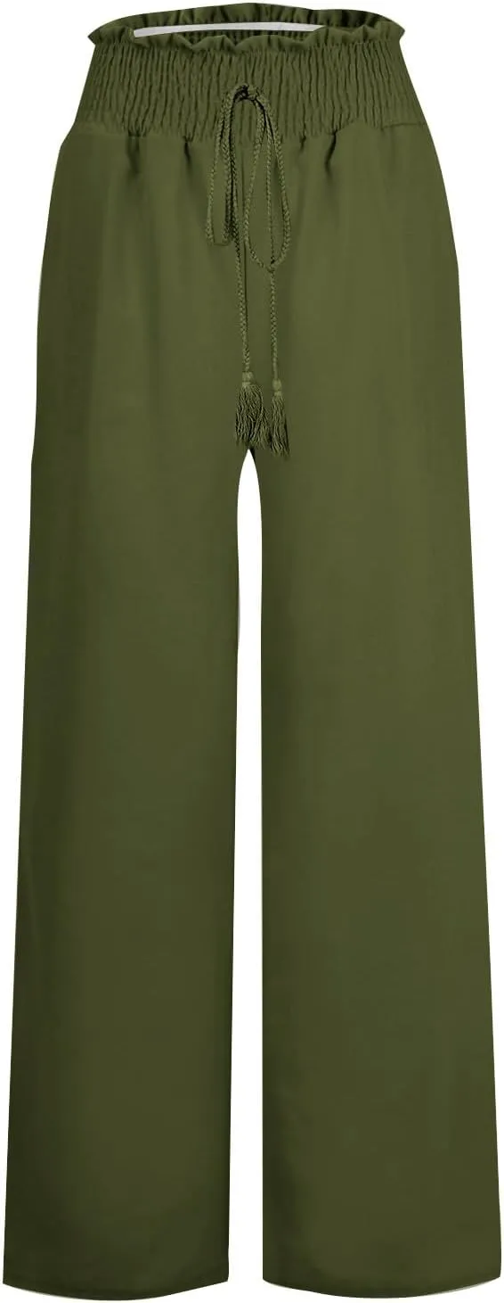 Women Linen Blend Summer Baggy Palazzo Lounge Pants High Waist Ankle Length Slim Fit Palazzo Lounge Pants Travel
