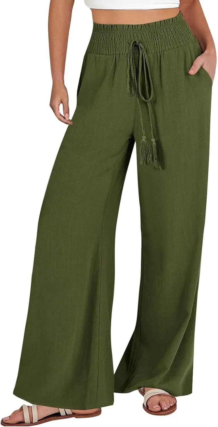 Women Linen Blend Summer Baggy Palazzo Lounge Pants High Waist Ankle Length Slim Fit Palazzo Lounge Pants Travel