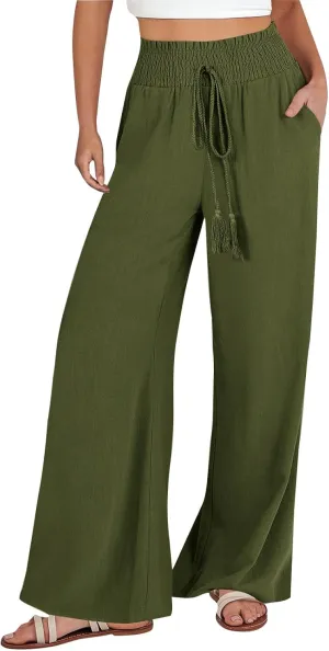 Women Linen Blend Summer Baggy Palazzo Lounge Pants High Waist Ankle Length Slim Fit Palazzo Lounge Pants Travel