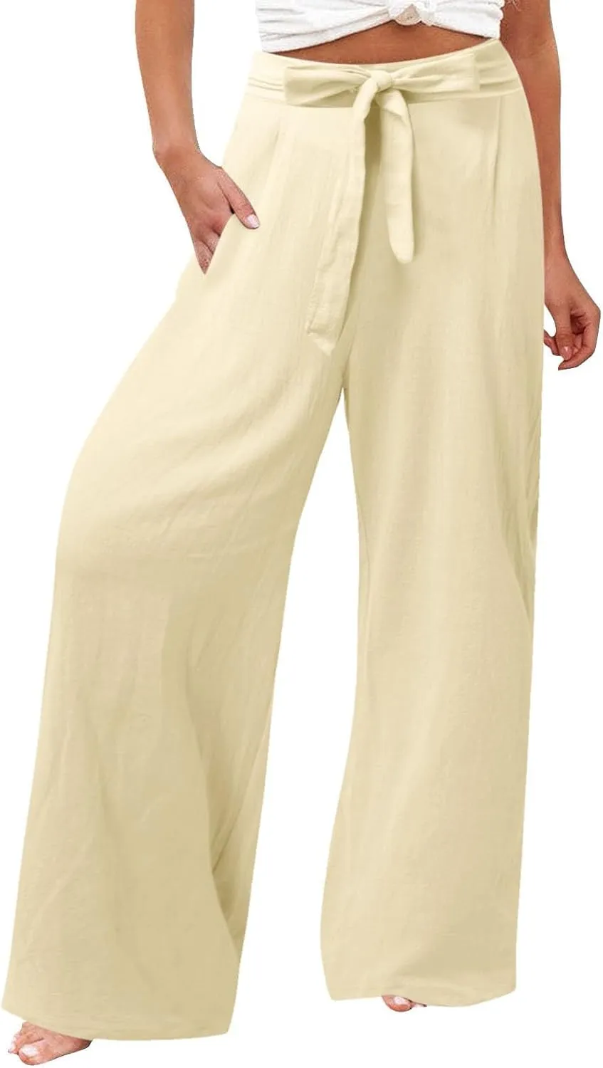 Women Linen Blend Summer Drawstring Pants Elastic Waist Bootcut Plus Size Pant Trousers Vacation