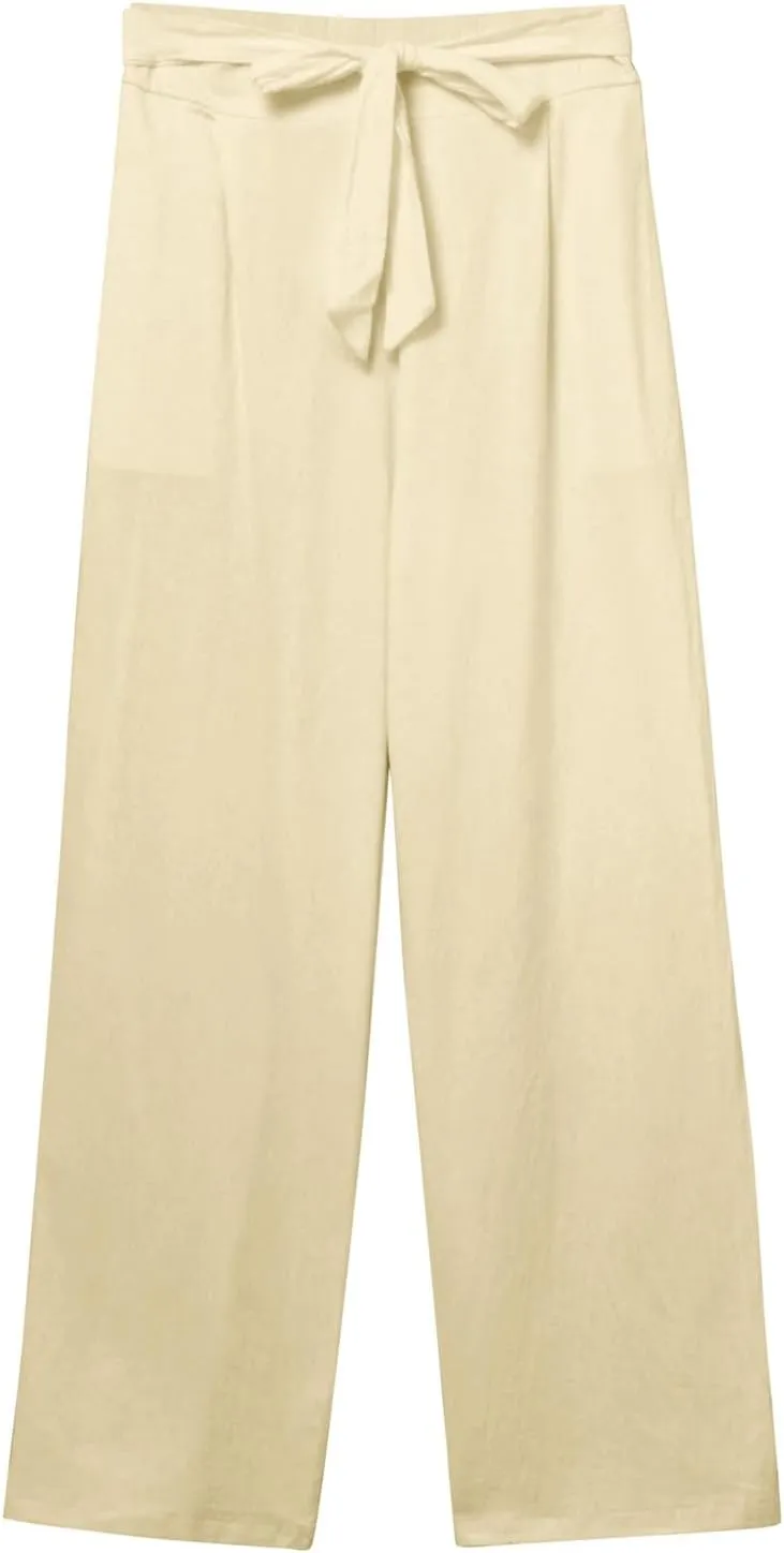 Women Linen Blend Summer Drawstring Pants Elastic Waist Bootcut Plus Size Pant Trousers Vacation