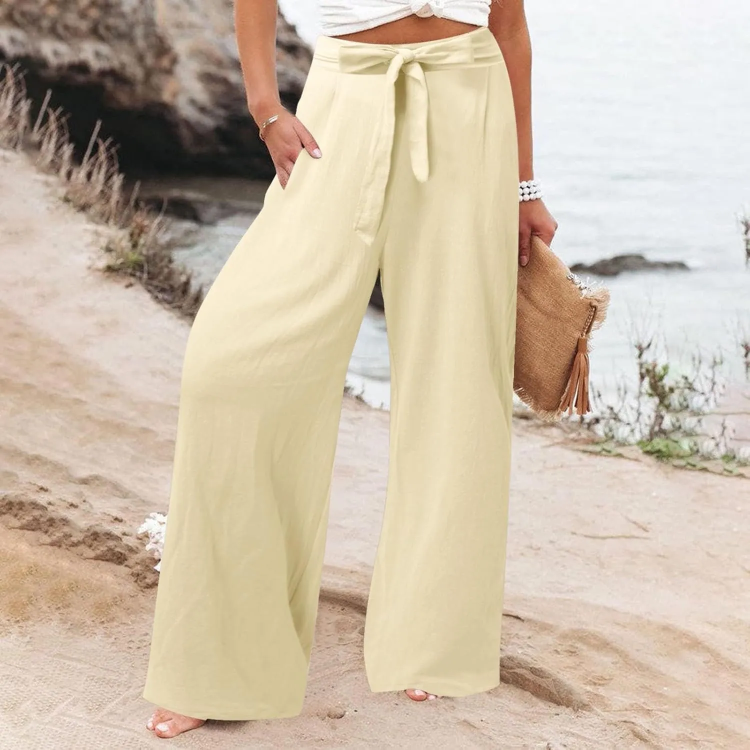 Women Linen Blend Summer Drawstring Pants Elastic Waist Bootcut Plus Size Pant Trousers Vacation