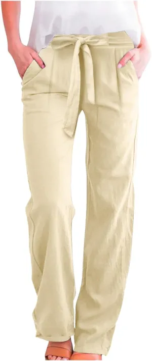 Women Linen Blend Summer Drawstring Pants Elastic Waist Bootcut Plus Size Pant Trousers Vacation