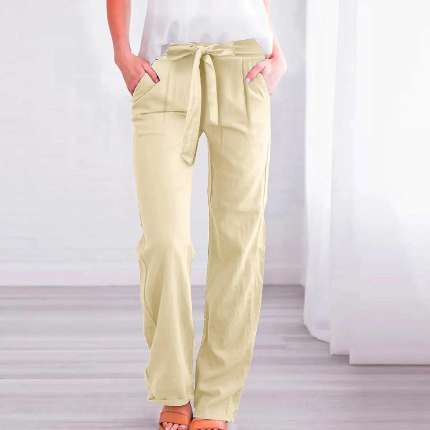 Women Linen Blend Summer Drawstring Pants Elastic Waist Bootcut Plus Size Pant Trousers Vacation
