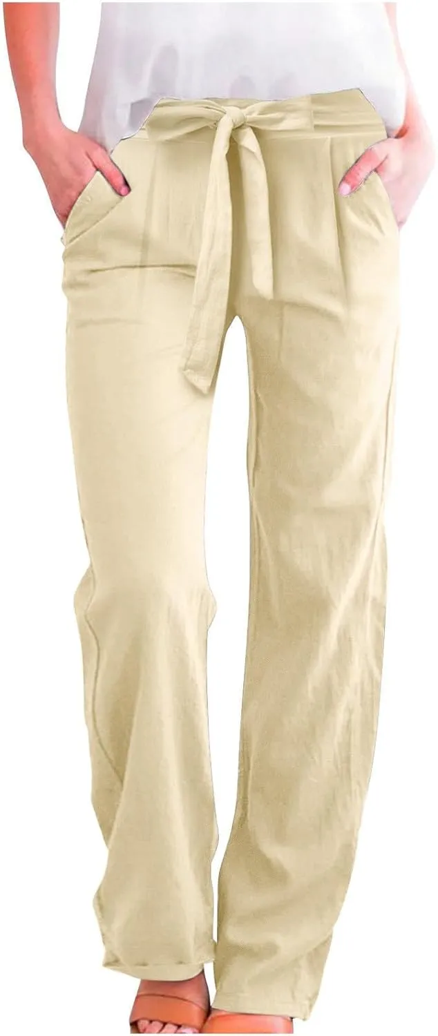 Women Linen Blend Summer Drawstring Pants Elastic Waist Bootcut Plus Size Pant Trousers Vacation