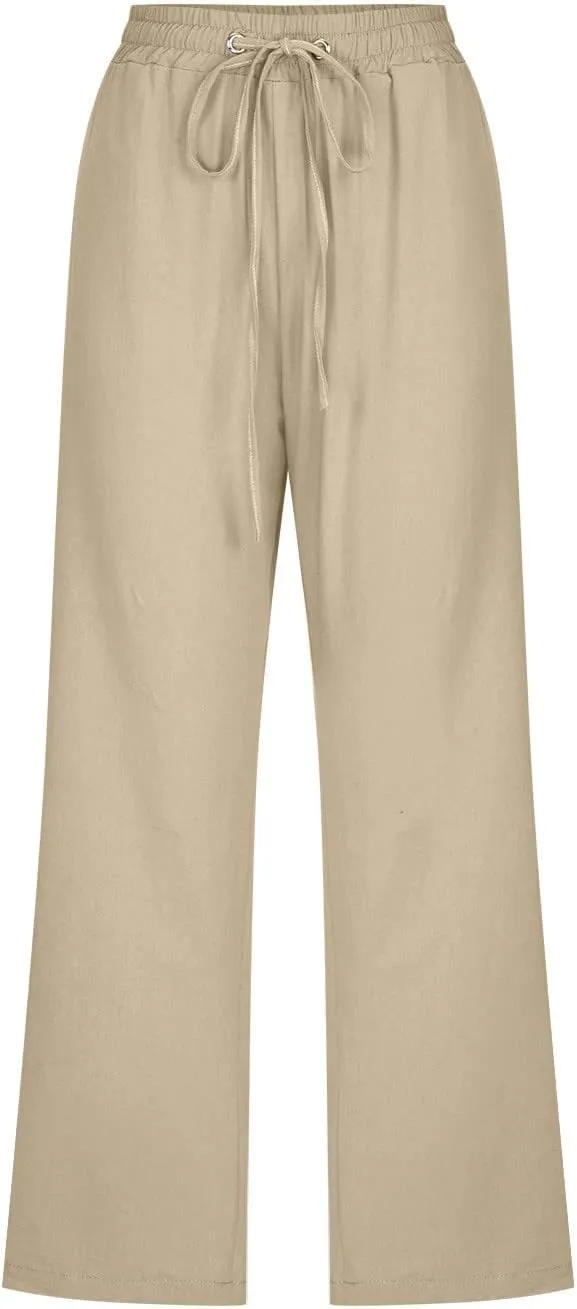 Women Linen Blend Summer Floral Palazzo Lounge Pants Low Waist Wide Leg Slim-Fit Palazzo Lounge Pants Vacation