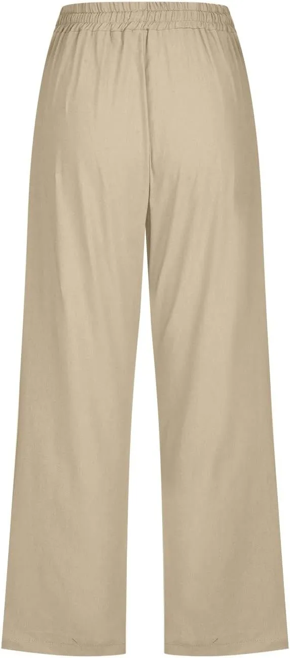 Women Linen Blend Summer Floral Palazzo Lounge Pants Low Waist Wide Leg Slim-Fit Palazzo Lounge Pants Vacation