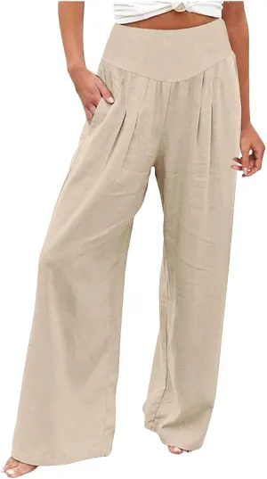 Women Linen Blend Summer Letter Patched Palazzo Pants Elastic Waisted Lounge Pants Slim Fit Trousers Business Work