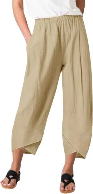 Women Linen Blend Summer Print Pant Trousers Low Waist Baggy Stretchy Slim-Fit Pant Trousers Office