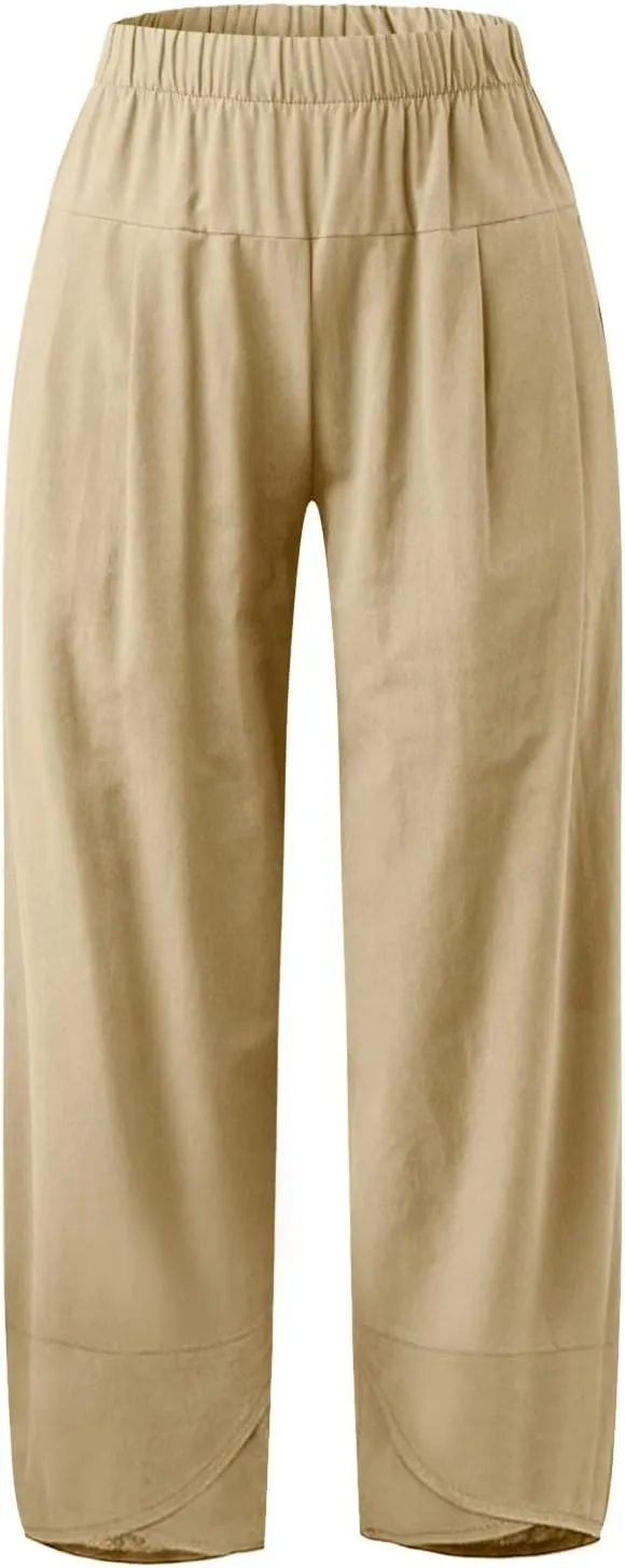 Women Linen Blend Summer Print Pant Trousers Low Waist Baggy Stretchy Slim-Fit Pant Trousers Office
