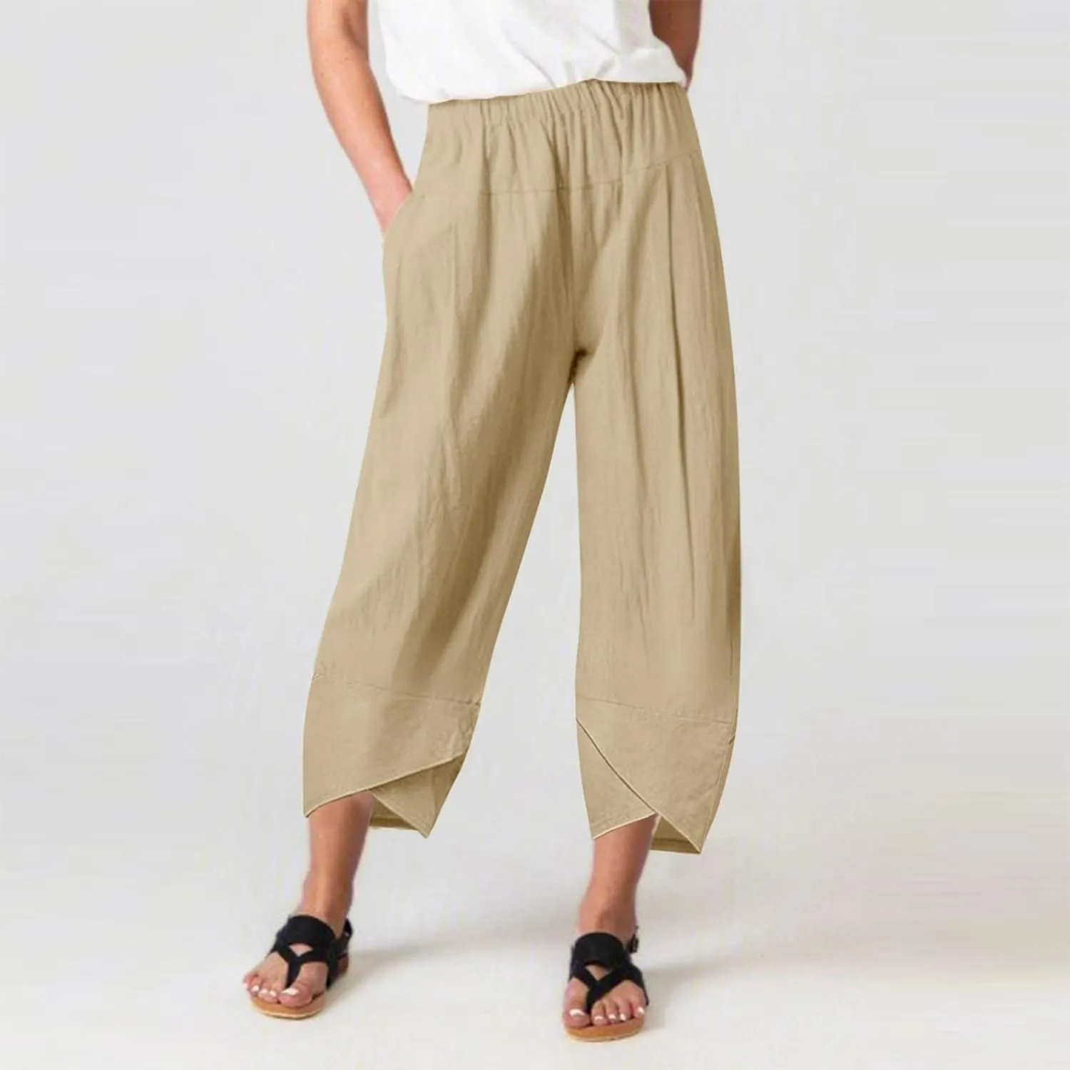 Women Linen Blend Summer Print Pant Trousers Low Waist Baggy Stretchy Slim-Fit Pant Trousers Office