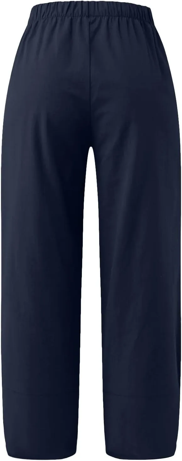 Women Linen Blend Summer Print Pant Trousers Low Waist Baggy Stretchy Slim-Fit Pant Trousers Office