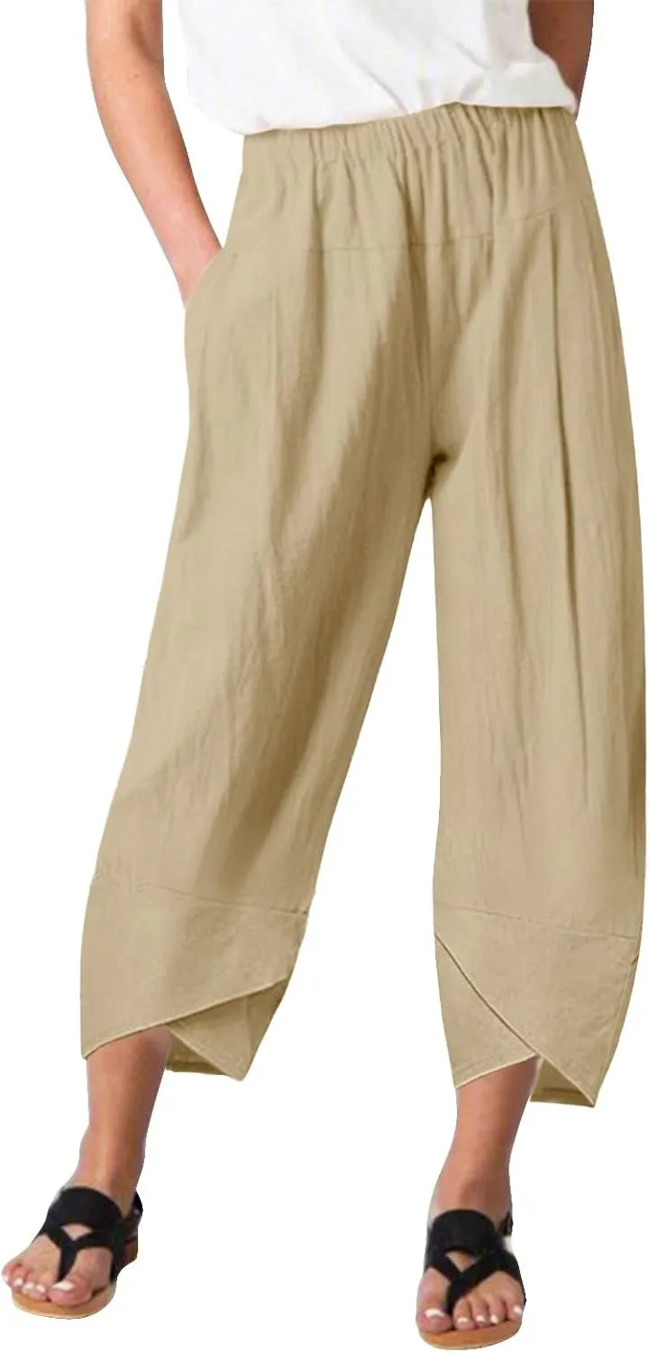 Women Linen Blend Summer Print Pant Trousers Low Waist Baggy Stretchy Slim-Fit Pant Trousers Office