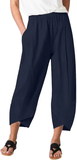 Women Linen Blend Summer Print Pant Trousers Low Waist Baggy Stretchy Slim-Fit Pant Trousers Office