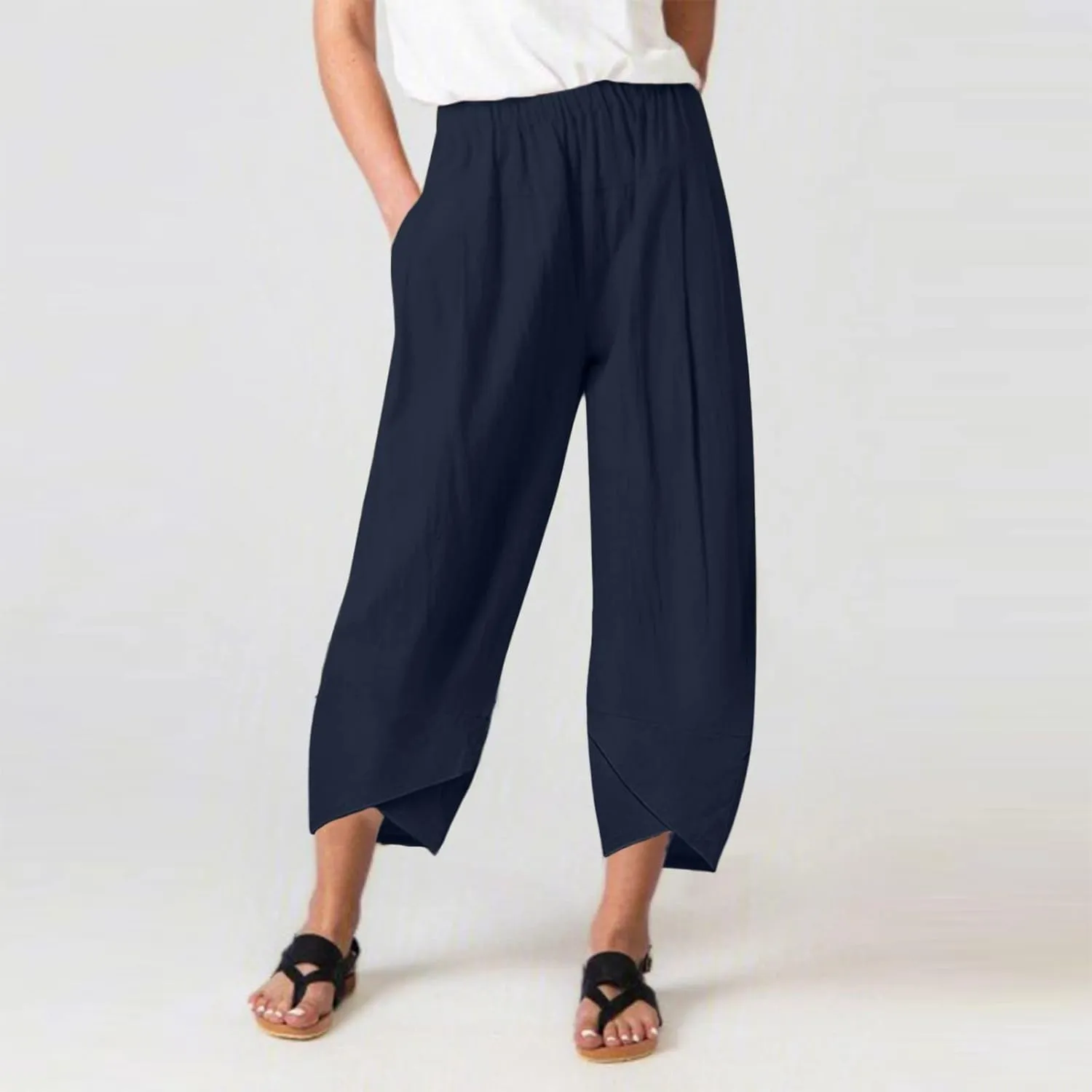 Women Linen Blend Summer Print Pant Trousers Low Waist Baggy Stretchy Slim-Fit Pant Trousers Office