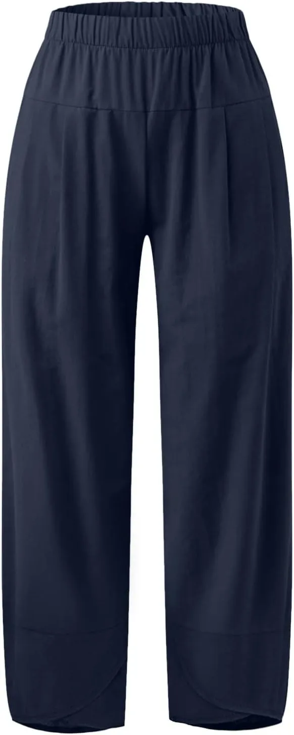 Women Linen Blend Summer Print Pant Trousers Low Waist Baggy Stretchy Slim-Fit Pant Trousers Office