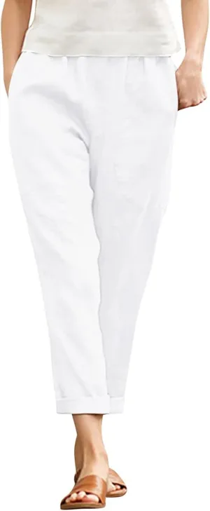 Women Linen Blend Summer Print Pants Elastic Waisted Straight Slim Fit Pant Trousers Work Business