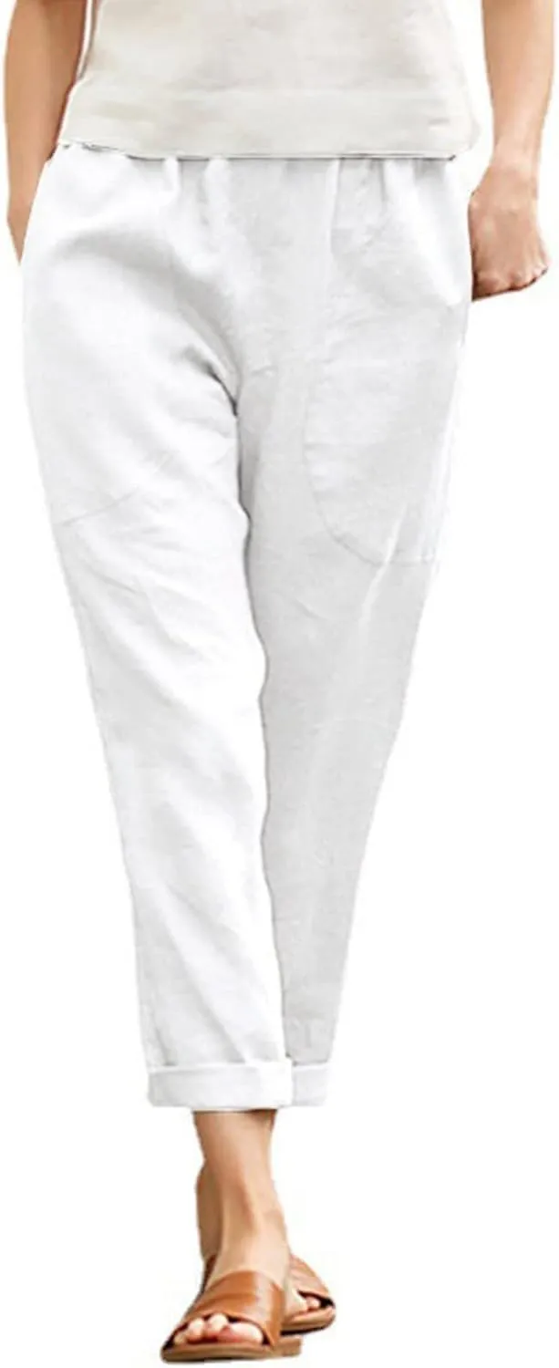 Women Linen Blend Summer Print Pants Elastic Waisted Straight Slim Fit Pant Trousers Work Business