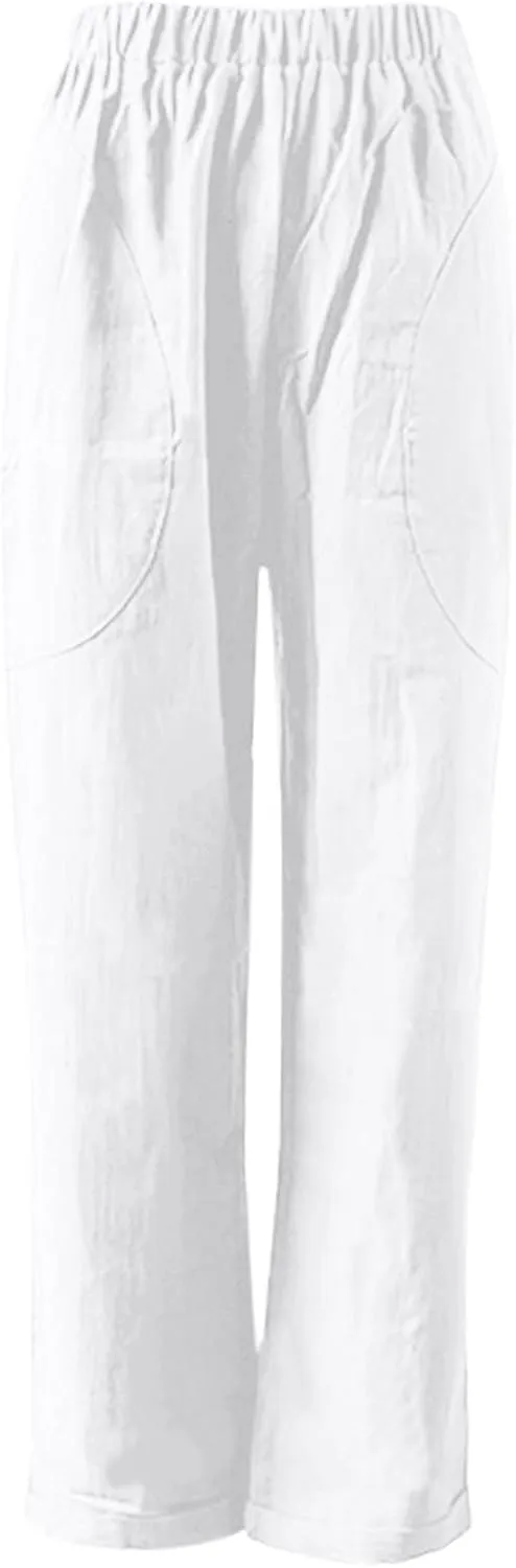 Women Linen Blend Summer Print Pants Elastic Waisted Straight Slim Fit Pant Trousers Work Business