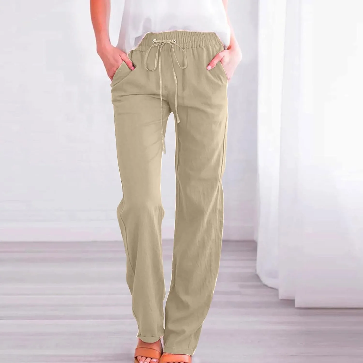 Women Linen Blend Summer Trendy Pants High Waist Stretchy Plus Size Palazzo Lounge Pants Business Work