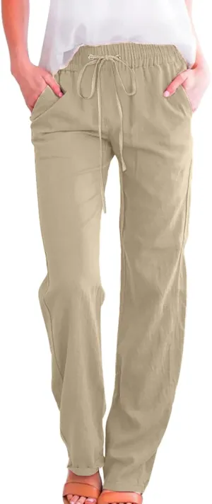Women Linen Blend Summer Trendy Pants High Waist Stretchy Plus Size Palazzo Lounge Pants Business Work