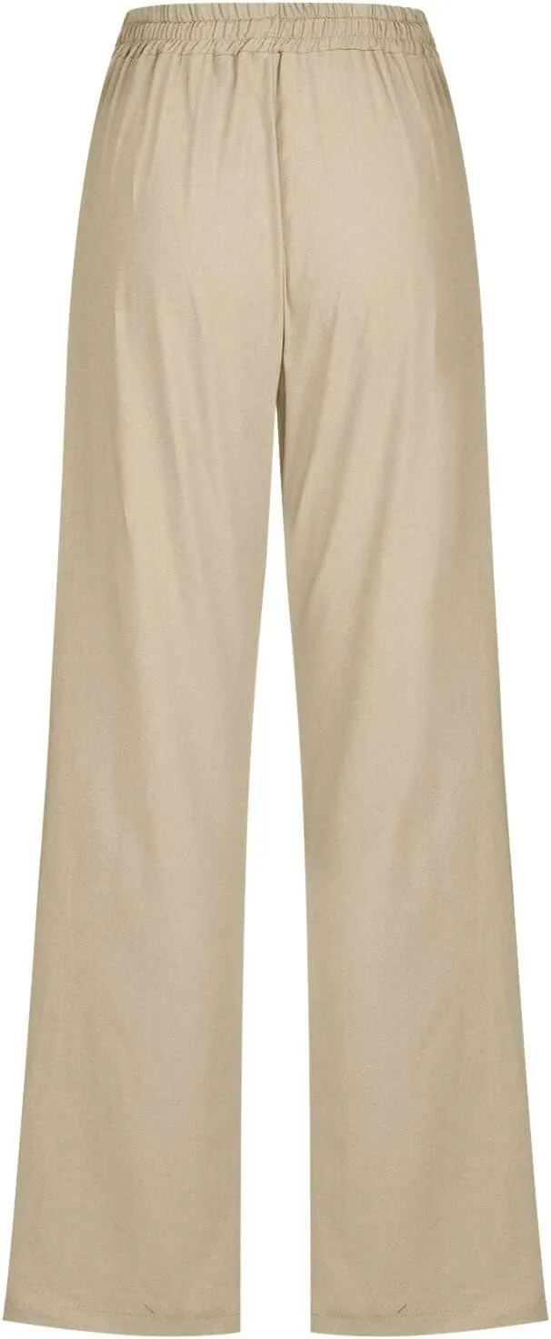 Women Linen Blend Summer Trendy Pants High Waist Stretchy Plus Size Palazzo Lounge Pants Business Work
