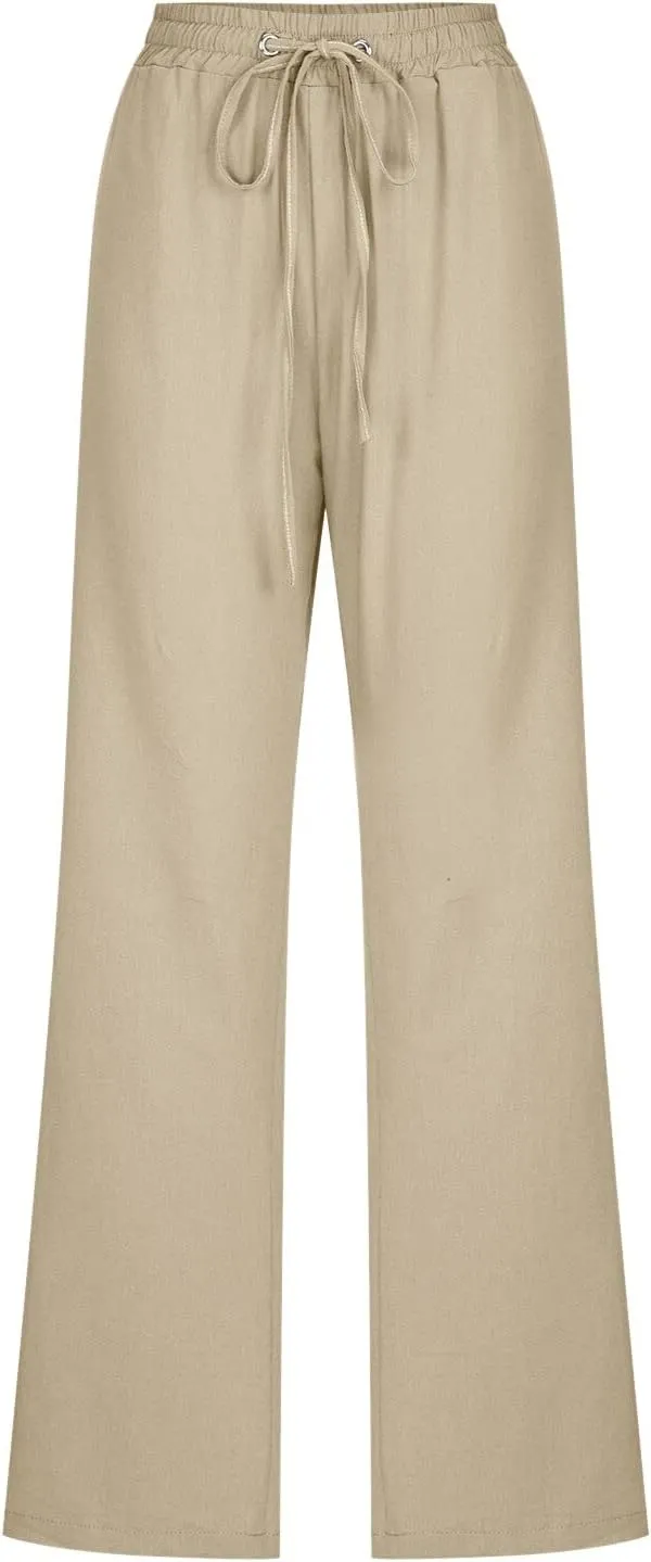 Women Linen Blend Summer Trendy Pants High Waist Stretchy Plus Size Palazzo Lounge Pants Business Work